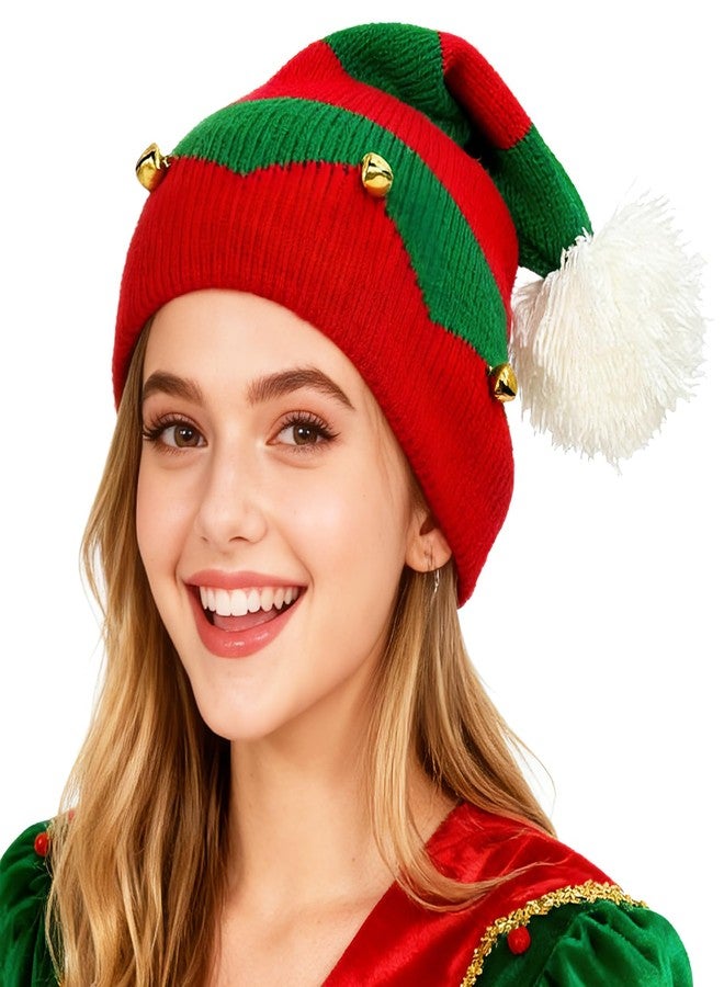 Dkomekii Adult Elf Knitted Hat for Women Men Beanie Christmas Knit Xmas Santa Hat Beanie Jingle Bell Elf Christmas Hat - Image 1